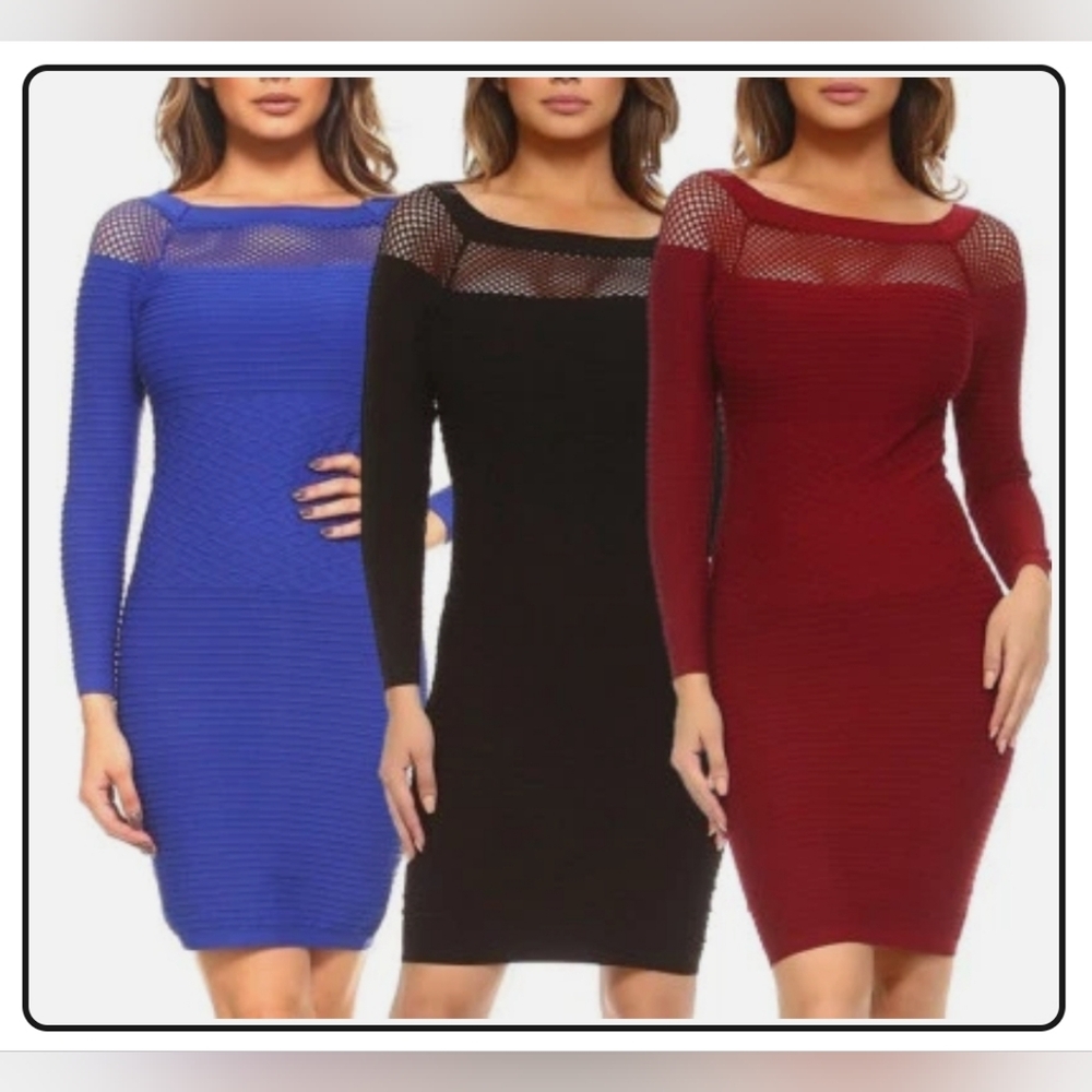 NWOT Long Sleeve Netted Neckline Bodycon Midi Elegant Burgundy Knit Dress